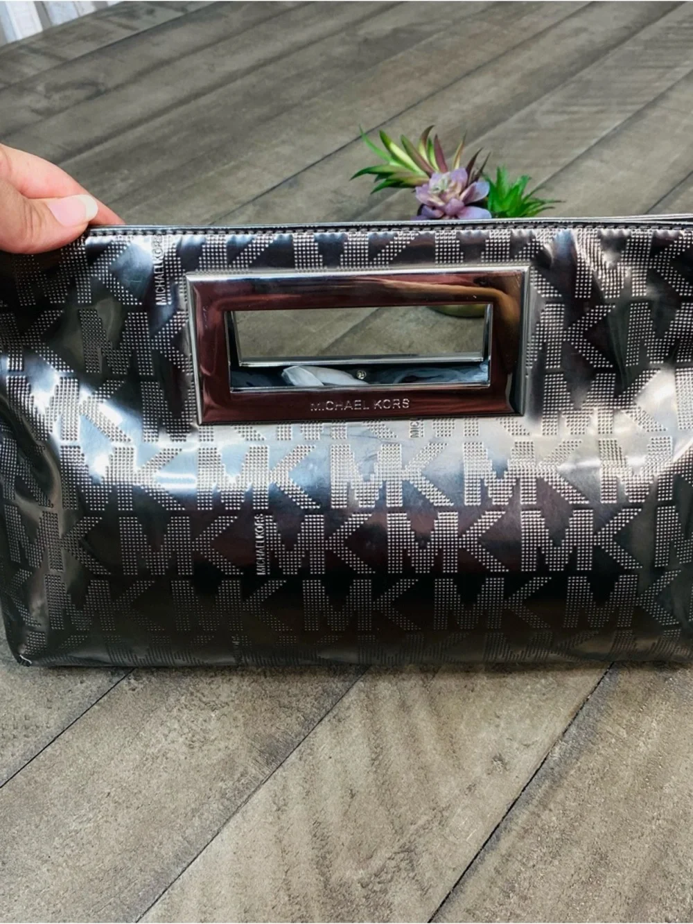 Michael Kors Berkley Signature Mirror Logo Clutch Pewter Metallic